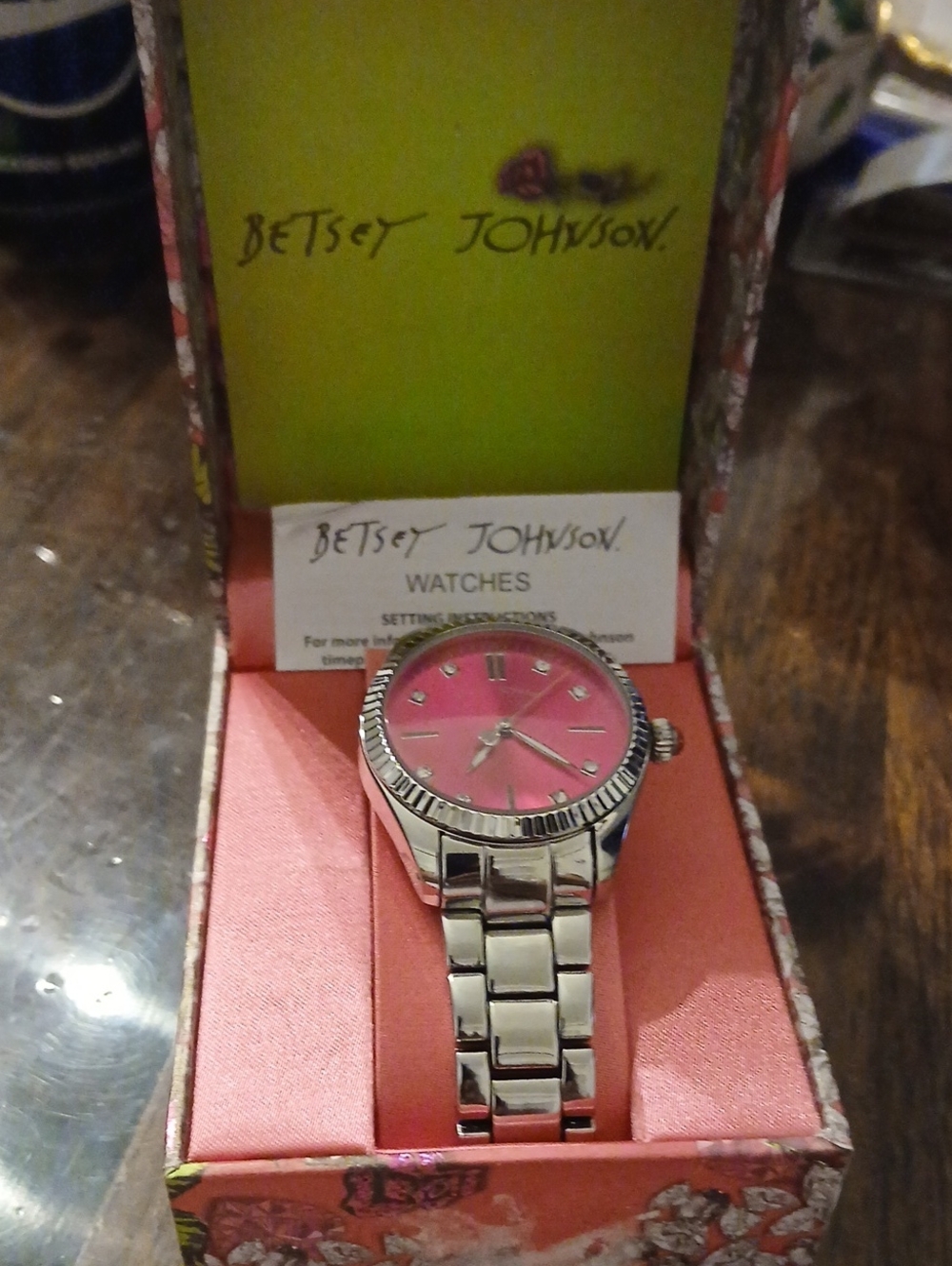 Betsey Johnson Silver Bracelet Watch with Pink Dial Nib